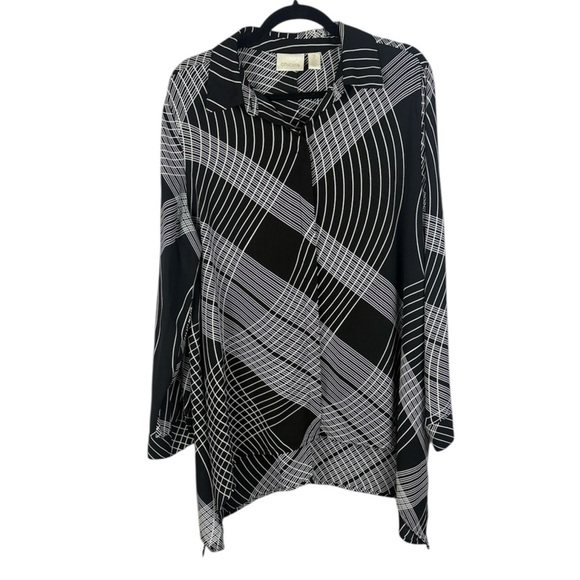 Chico's Black Button Up Asymmetrical Rosalind Graphic Grid Shirt Size 2 Blouse - Picture 1 of 10